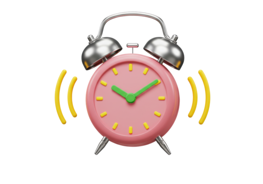 Isolated 3D rendering of a vibrant pink alarm clock ringing loudly with yellow sound waves and bright green hands a classic timepiece