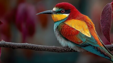 Obraz premium Colorful bird perches on a branch with red leaves in soft focus.