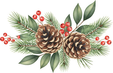 Two brown pine cones with green fir branches and red berries in a horizontal arrangement red berry winter holiday Christmas nature evergreen botanical