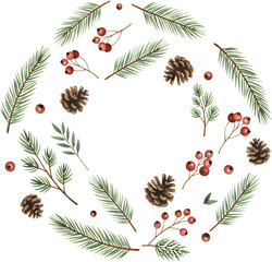 A circular arrangement of pine branches pinecones and red berries on a transparent background berry green nature winter christmas holiday festive seasonal