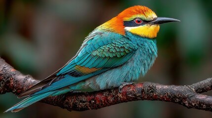 Obraz premium Colorful bird sits on a branch with a blurred green background.
