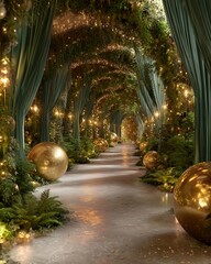 Extravagant christmas photozone with sparkling garlands enchanted fir trees emerald curtains and glowing golden spheres
