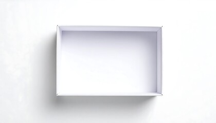 An empty, white cardboard box rests on a plain white surface, showcasing a simple, clean design.