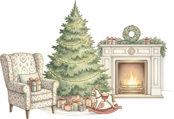 Cozy Christmas scene with a decorated tree armchair fireplace with glowing fire rocking horse and gift boxes holiday winter festive gifts season celebration