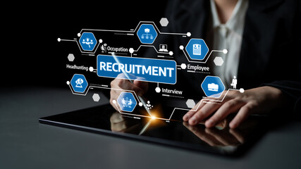 This image showcases a digital recruitment process with a professional interacting with a tablet, highlighting modern hiring techniques and virtual elements. Tessel
