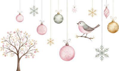 A charming watercolor scene featuring a stylized tree adorned with small pink fruit delicate snowflakes and hanging Christmas ornaments alongside a small bird perched on a branch