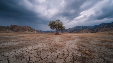 Naklejka premium Arid landscape with lone tree and stormy sky