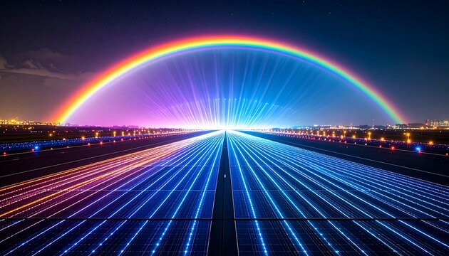 Rainbow Over Runway at Night with Vibrant Colors and Light Trails
