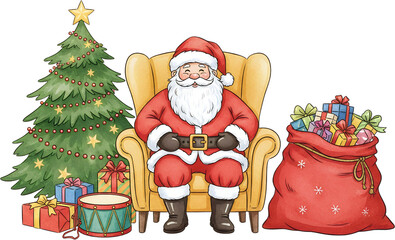 Santa Claus seated in a yellow armchair next to a decorated Christmas tree and a sack overflowing with presents Holiday Winter Festive Gift December Celebration