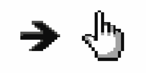 Obraz premium Pixelated arrow and pointing hand cursors in simple black and white design, concept for retro interface elements, user interaction, and graphic design projects