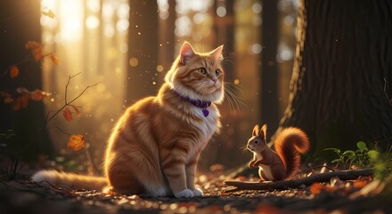 Enchanting Autumn Scene Featuring Majestic Fluffy Orange Cat with Regal Presence and Curious Red Squirrel in Sunlit Forest