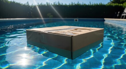Floating package in a bright blue swimming pool creating a summer aesthetic scene