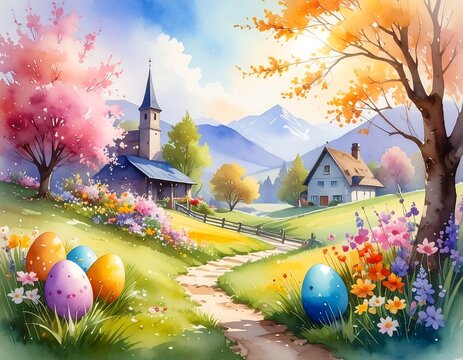 A picturesque spring scene portrays a charming village nestled in a valley, complete with vibrant flowers, colorful easter eggs, and a charming church, bathed in soft sunlight.