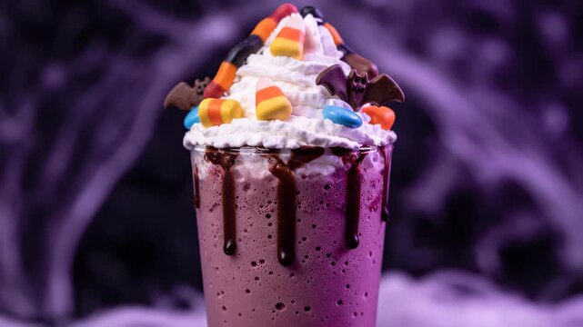 Spooky Halloween Milkshake with Whipped Cream and Candy Toppings