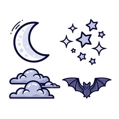 Collection spooky halloween icons including crescent moon, stars, clouds, and bat