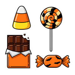 Assortment halloween candy including candy corn, swirl lollipop, chocolate bar with bite taken out, and wrapped candy with bats