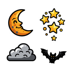 Whimsical halloween night scene with smiling moon, twinkling stars, fluffy cloud, and spooky bat