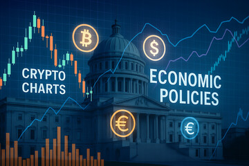 A digital graphic depicting economic themes with crypto charts and symbols set against a government building backdrop.