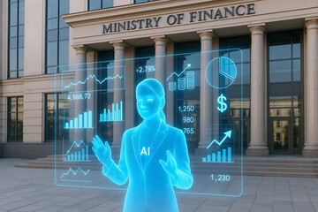 A futuristic hologram displays financial data outside the Ministry of Finance, emphasizing innovation in finance and technology.