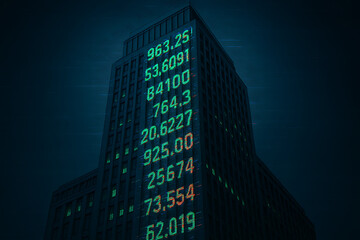 A tall building displays stock market data in bright colors against a dark background, conveying a sense of financial activity and technology.