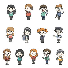 Collection diverse cartoon people characters in various poses and outfits