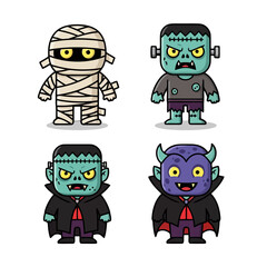 Obraz premium Set four cute cartoon halloween monsters including mummy, zombie, vampire, and devil