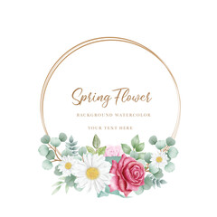 Watercolor flowers rose wreath with golden circle 