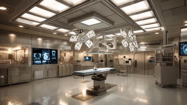 A modern surgical operating room that features advanced technology equipment
