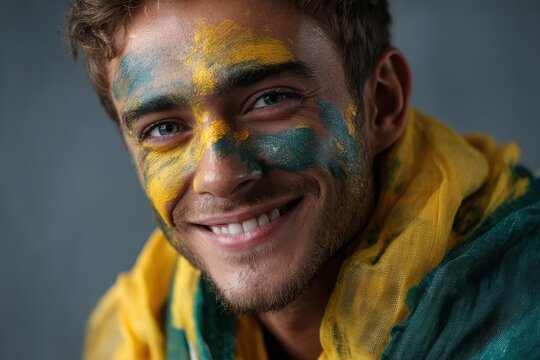 Happy man with Brazilian flag face paint smiles brightly, showcasing national pride during a cultural celebration