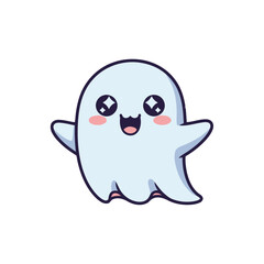 Fototapeta premium Happy cartoon ghost with big eyes and rosy cheeks, floating and smiling