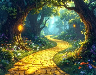 A winding pathway of golden bricks meanders through a vibrant, lush forest, bathed in a soft, warm light.
