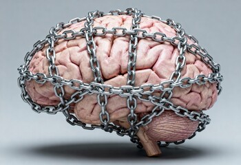 Human brain wrapped in heavy metal chains on gray background, concept of mental restriction, rigidity, cognitive disorder, or neurological oppression