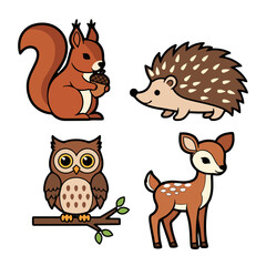 Fototapeta premium Cute cartoon forest animals including squirrel holding an acorn, hedgehog, an owl on branch, and fawn