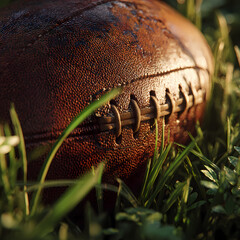 American Football on Green Grass Field A Close-Up View