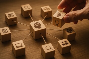 Fototapeta premium Hand placing wooden cube with lightbulb icon in network diagram representing creativity innovation and teamwork 