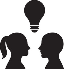 Two silhouettes facing each other underneath a lightbulb idea silhouette isolated on white background