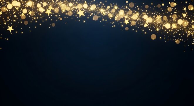 Illustration of abstract background of golden bokeh lights and star shapes on a dark blue backdrop