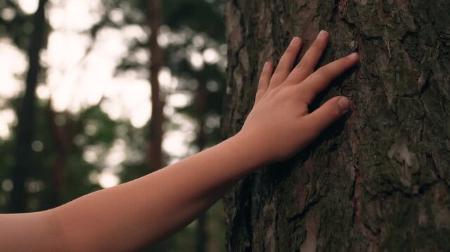 Child's hand touches tree trunk in park. Connecting with nature. Family trip in forest, child discovers nature. Child's hand touches bark of pine trunk. Family picnic with children in nature. Health.