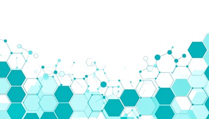 A vibrant design featuring interconnected teal hexagons and intricate molecular structures against a clean white background.