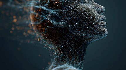 Stunning digital representation of the human mind evolving with technology and data networks for modern AI and consciousness concepts
