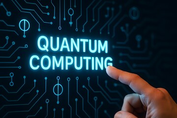 Quantum computing text with finger pressing. 