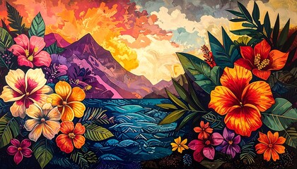 A vibrant floral artwork showcases a tropical paradise with a mountain range and a calm ocean, filled with rich colors and detailed hibiscus flowers.