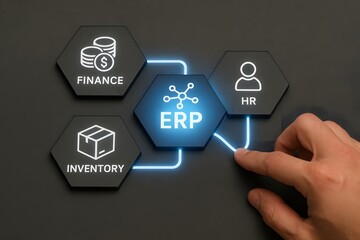 Streamlined Enterprise Resource Planning: Hand interacting with ERP icons. 