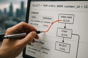 Analyzing SQL database queries on a computer screen. 