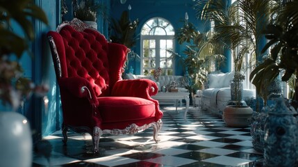 Elegant red armchair in a luxuriously decorated, plant filled, interior space