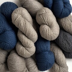 Skeins of gray and blue wool yarn 