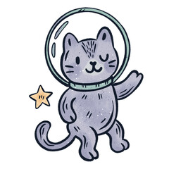 Cute cartoon space cat in an astronaut suit. Hand-drawn doodle illustration in pastel colors, whimsical and cozy style, perfect for posters, stickers, cards, and kids design.