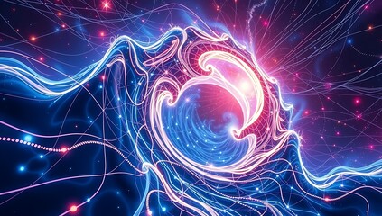 Abstract futuristic background with neon lights and data stream wave