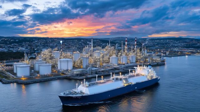 Experience a breathtaking golden hour panorama of an LNG terminal and tanker, set against serene coastal waters and a vibrant sky.