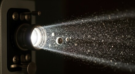 Vintage film projector casting a bright light beam into a dark room ambiance